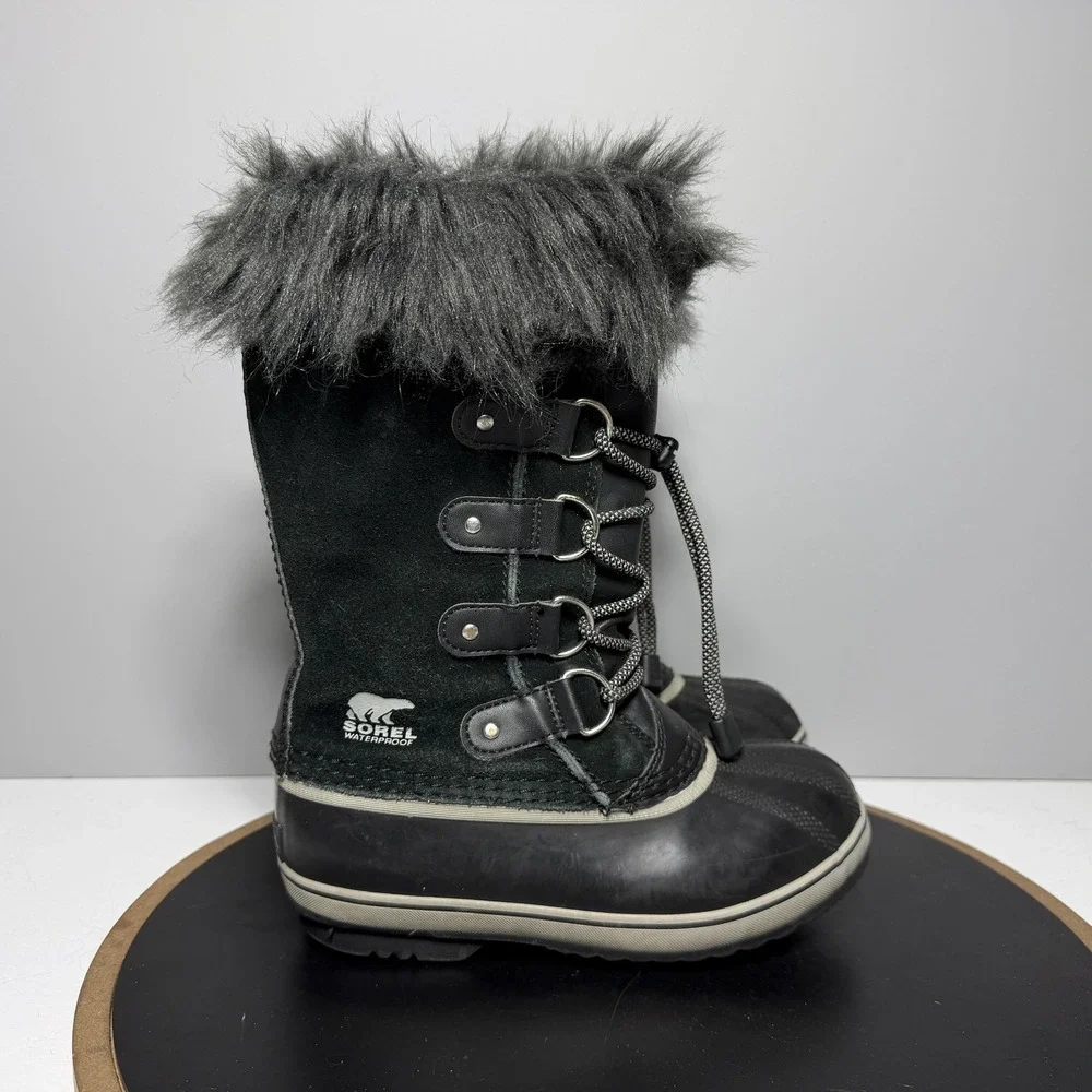 Sorel Joan Of Arctic Boots Youth Size 2 Black Waterproof Faux Fur Snow Winter